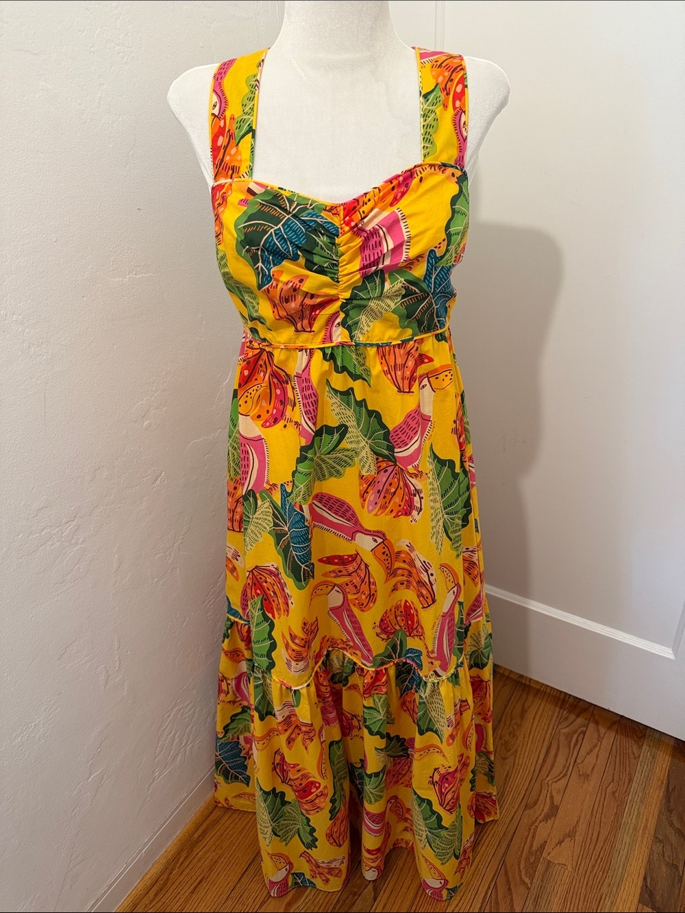 FARM Rio Yellow Tropical Maxi Dress with Green & Pink Leaf Print